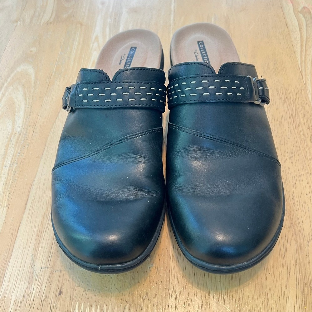 Women's 8.5 Clarks Collection Leisa Sadie Black Leather Mule Clogs Comfort‎ EUC